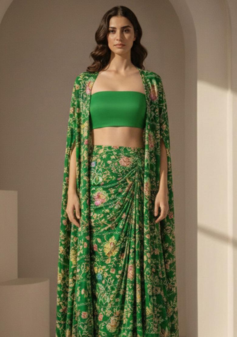 Emerald Green Floral Print Crepe Fusion Set - Indya