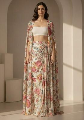 Ivory Floral Print Crepe Fusion Set