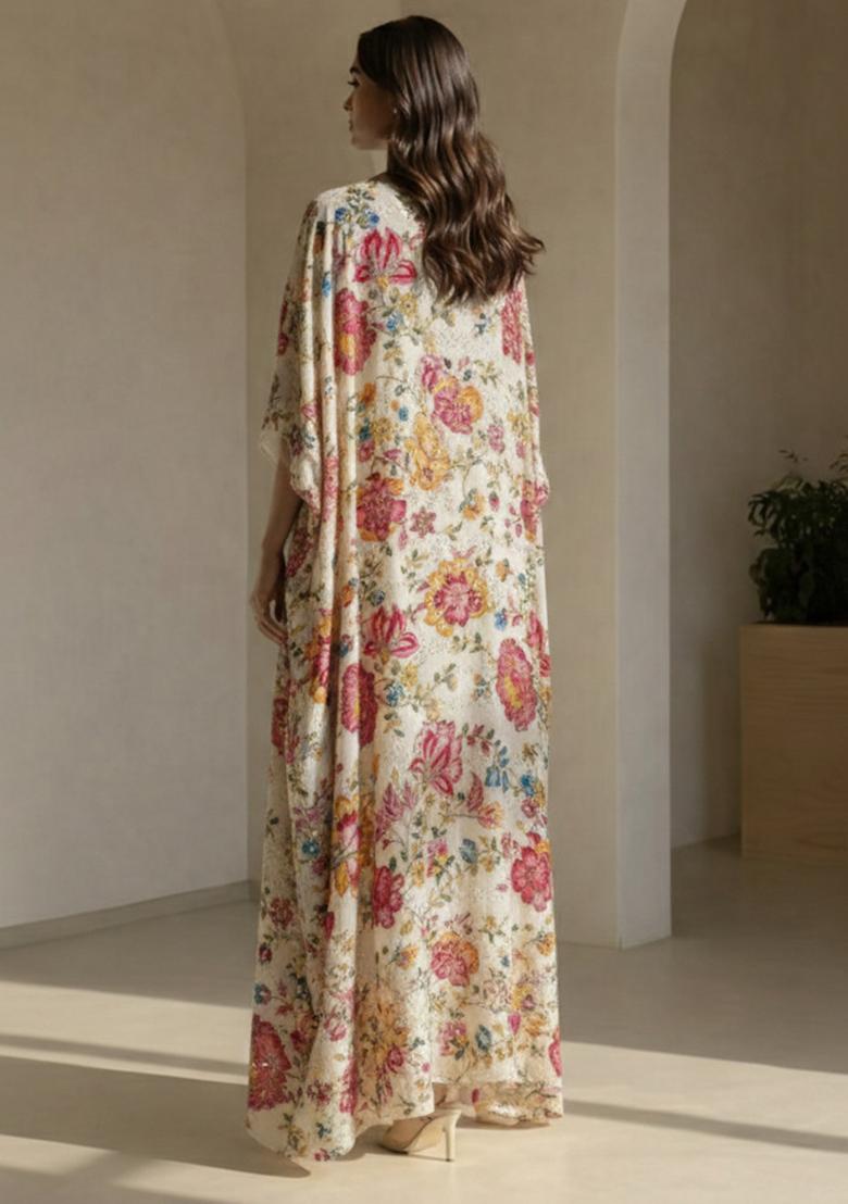 Ivory Floral Print Crepe Fusion Set - Indya