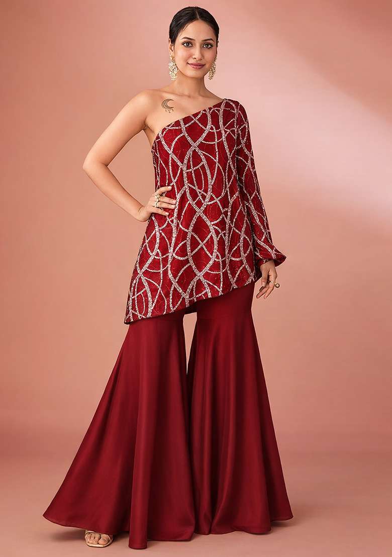 Red Embroidered Georgette Fusion Set - Indya