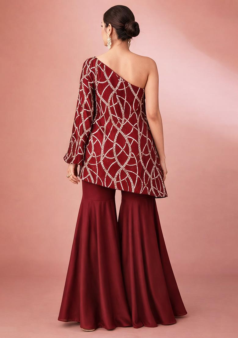 Red Embroidered Georgette Fusion Set - Indya