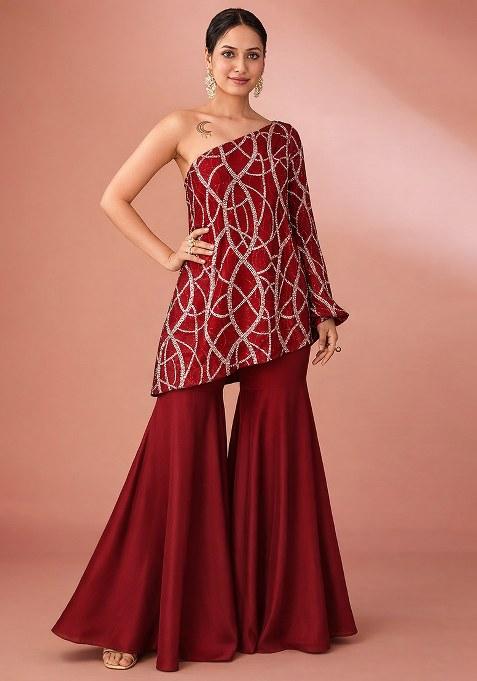 Red Embroidered Georgette Fusion Set