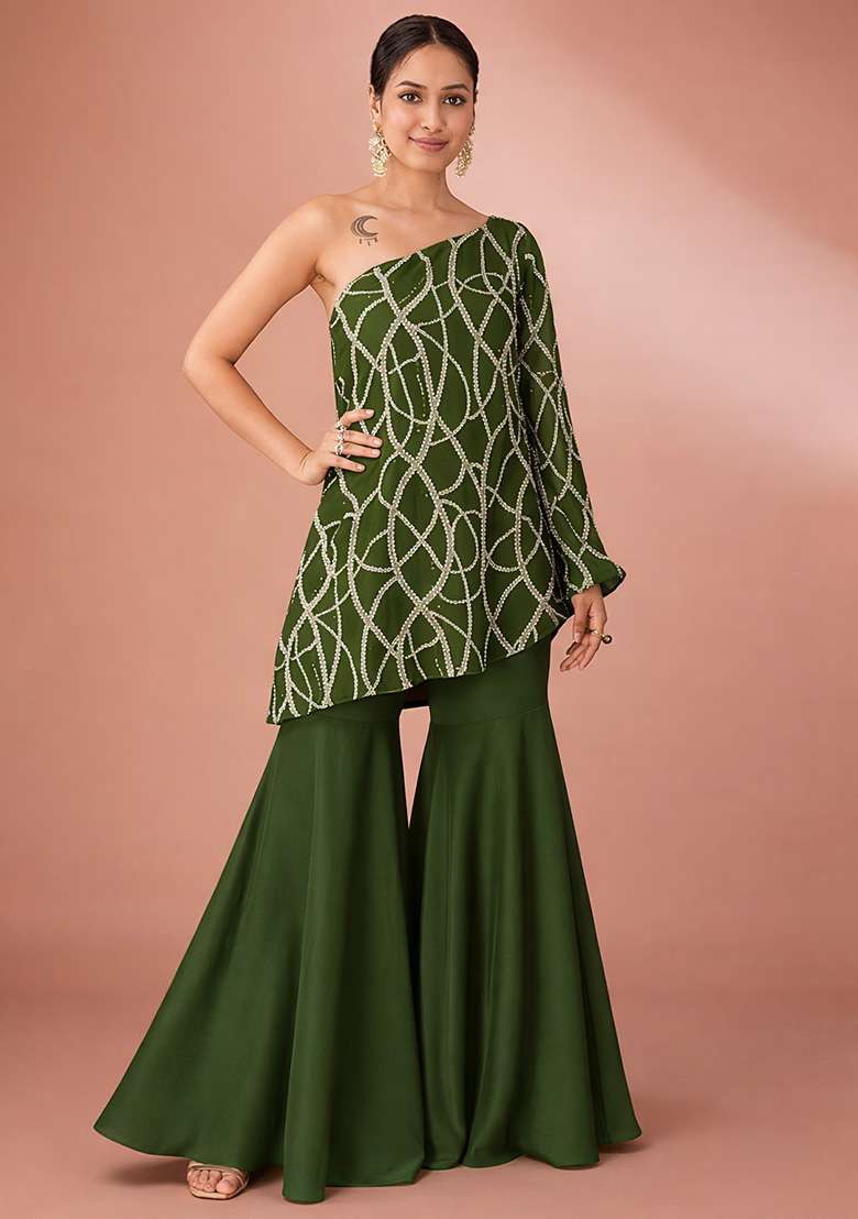 Olive Green Embroidered Georgette Fusion Set - Indya
