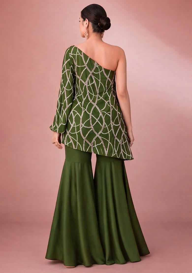 Olive Green Embroidered Georgette Fusion Set - Indya