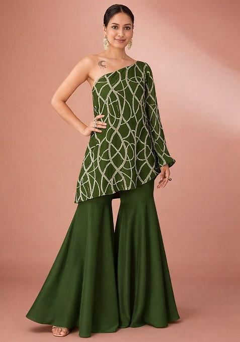 Olive Green Embroidered Georgette Fusion Set