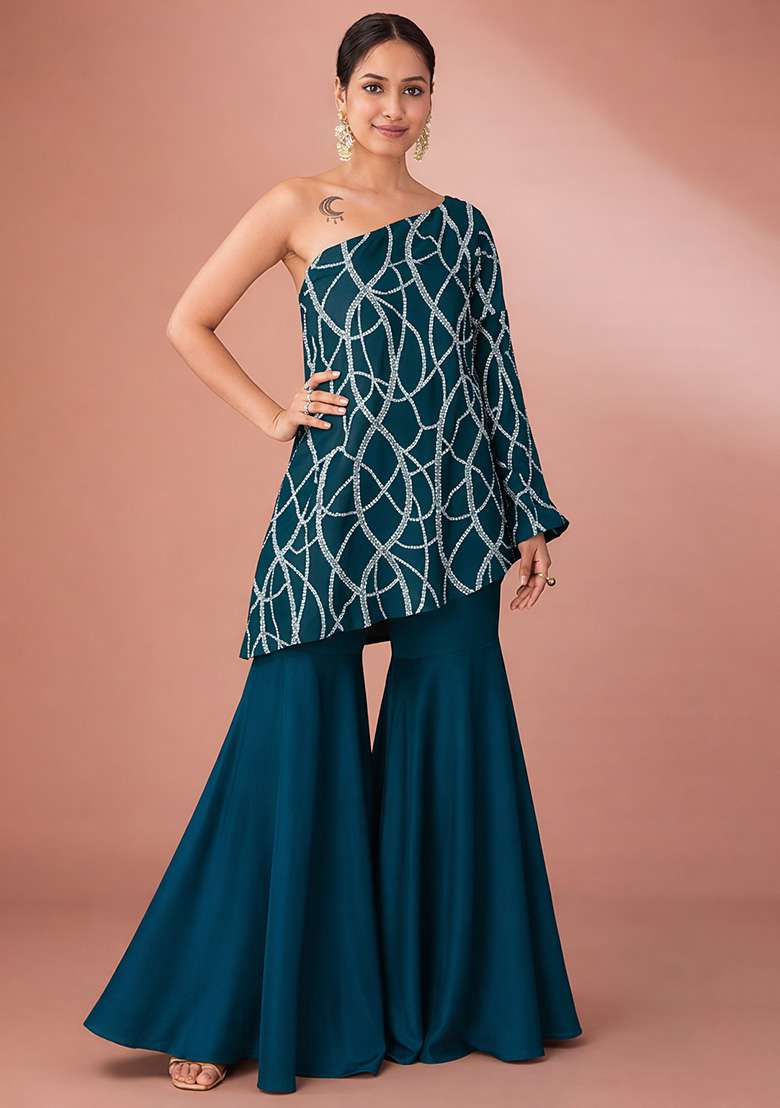 Peacock Green Embroidered Georgette Fusion Set - Indya