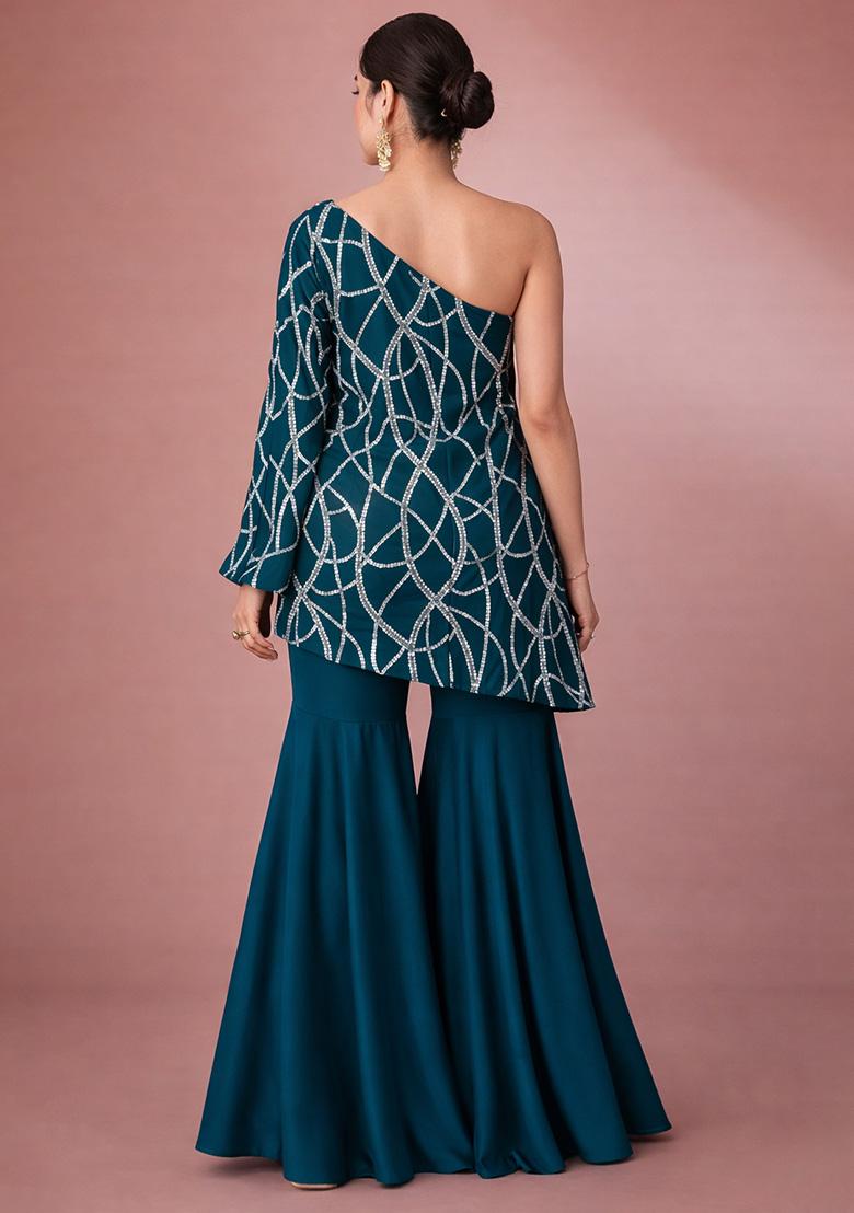 Peacock Green Embroidered Georgette Fusion Set - Indya