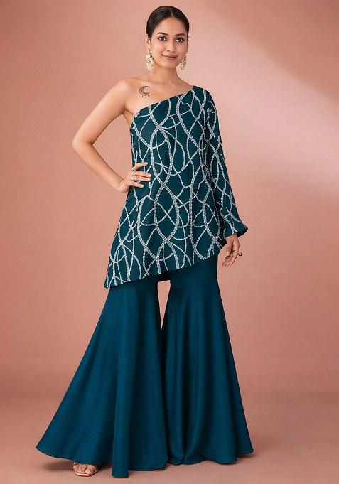 Peacock Green Embroidered Georgette Fusion Set