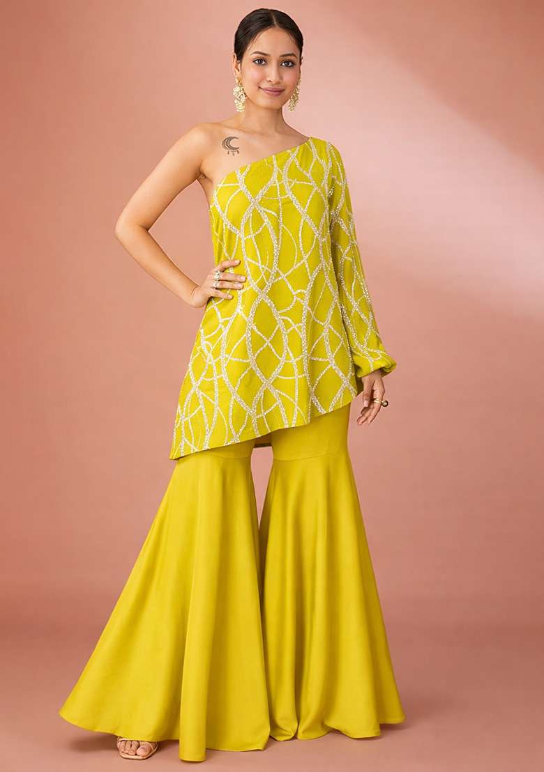 Yellow Embroidered Georgette Fusion Set - Indya