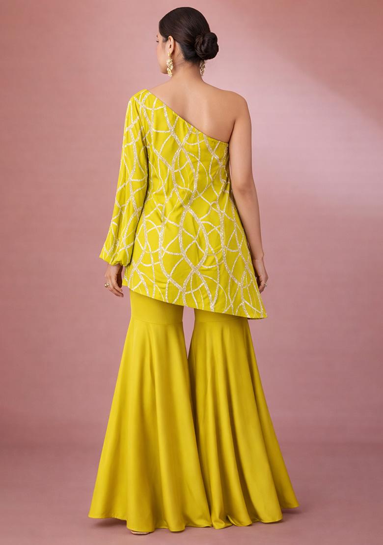Yellow Embroidered Georgette Fusion Set - Indya