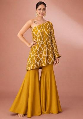 Mustard Embroidered Georgette Fusion Set