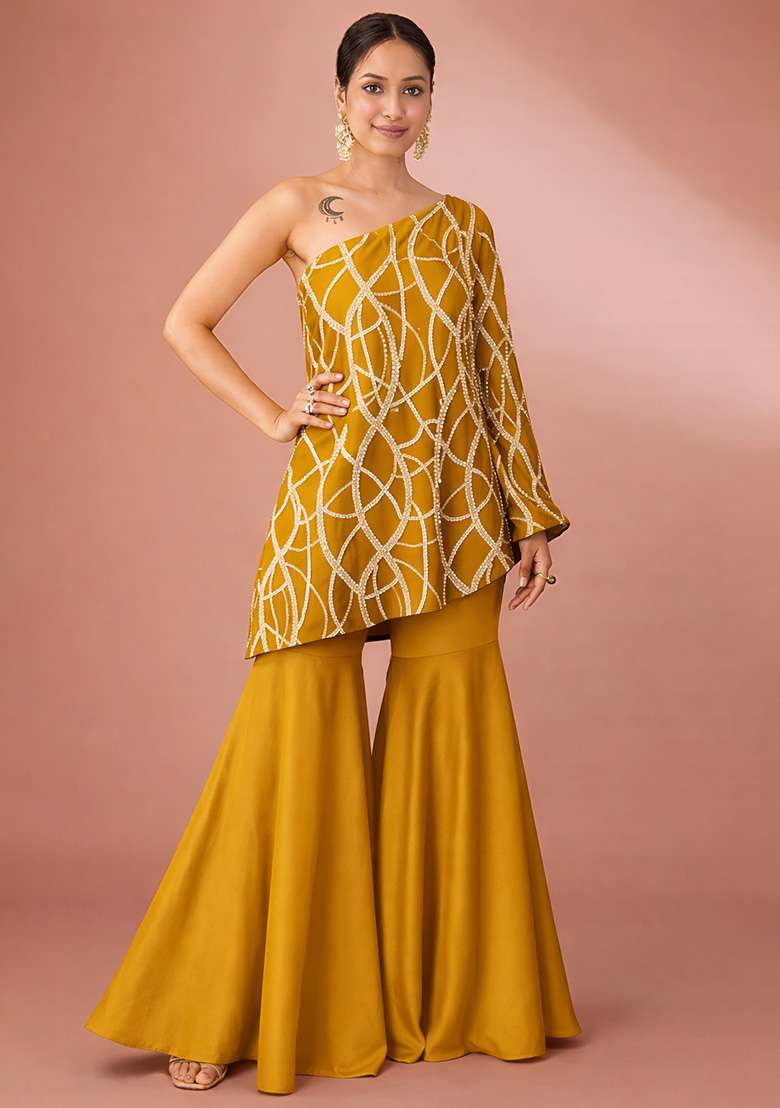 Mustard Embroidered Georgette Fusion Set - Indya