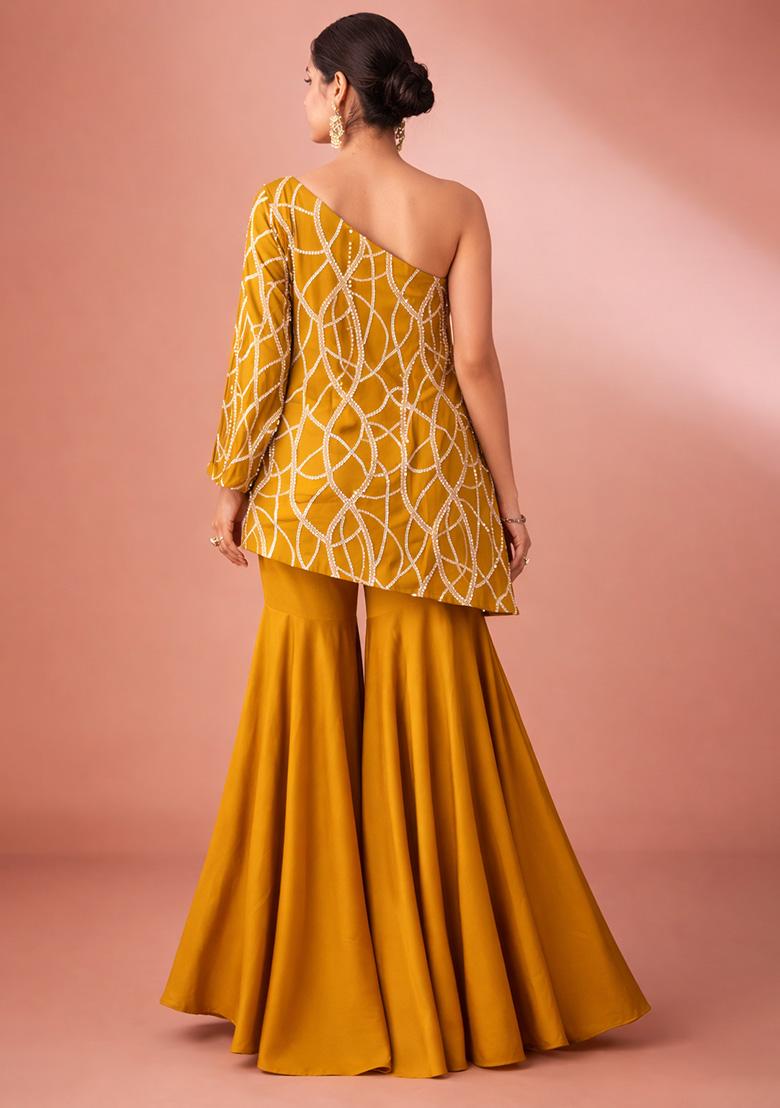 Mustard Embroidered Georgette Fusion Set - Indya