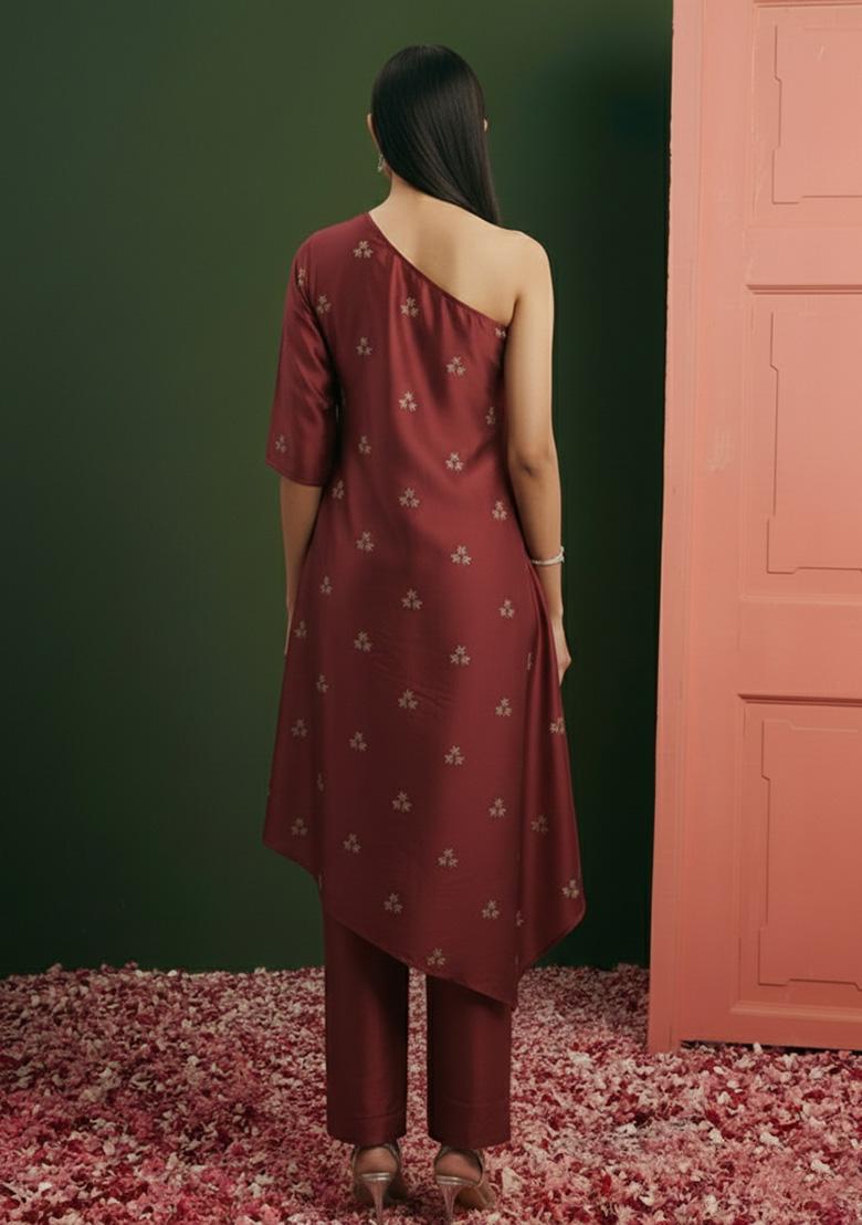 Maroon Sequin Net Fusion Set - Indya