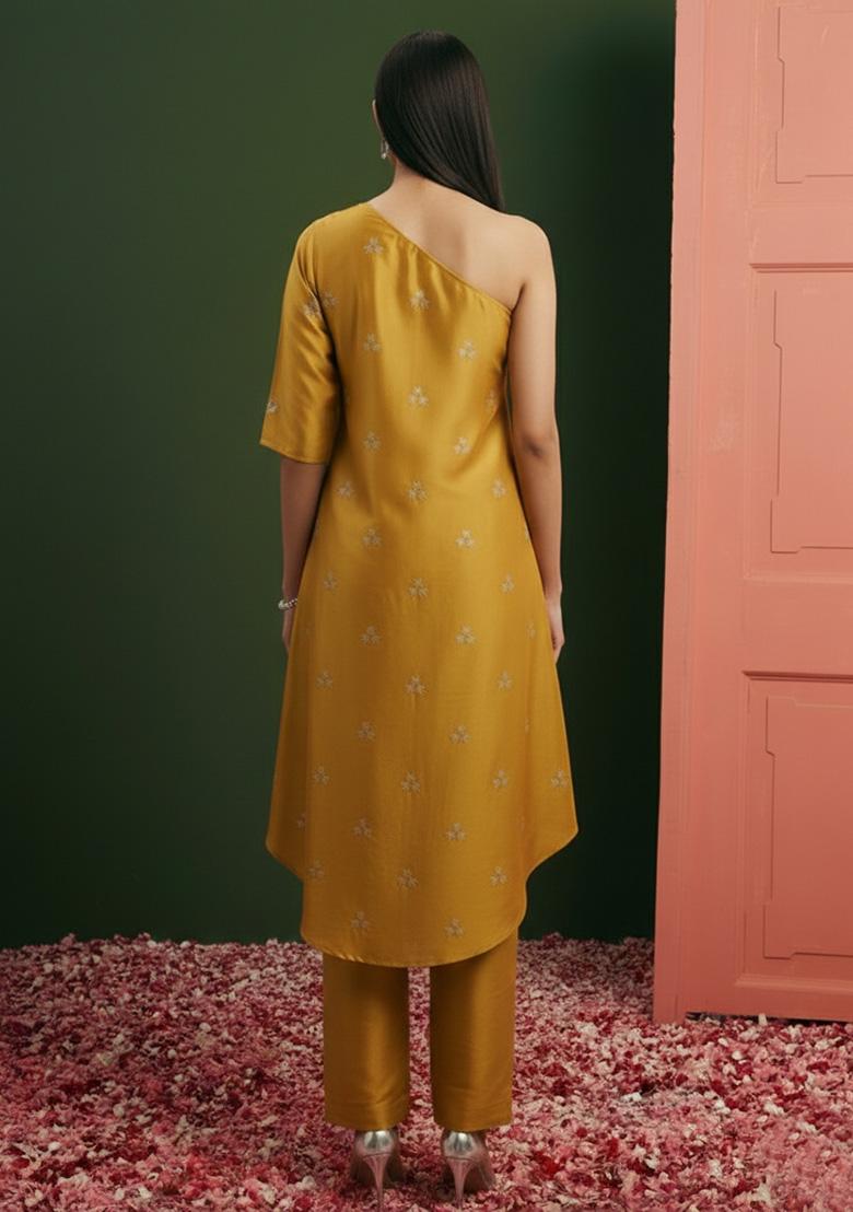 Mustard Sequin Net Fusion Set - Indya