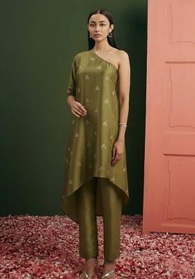 Olive Green Sequin Net Fusion Set