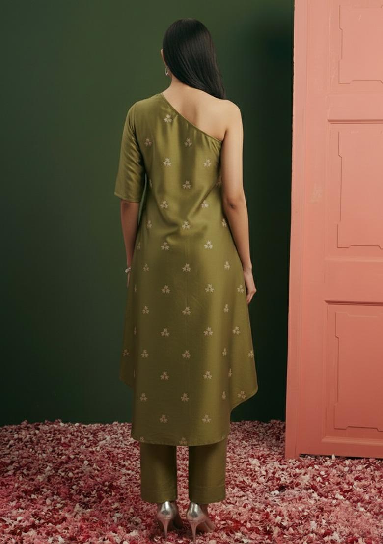 Olive Green Sequin Net Fusion Set - Indya