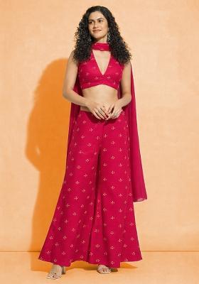 Deep Red Embroidered Organza Fusion Set
