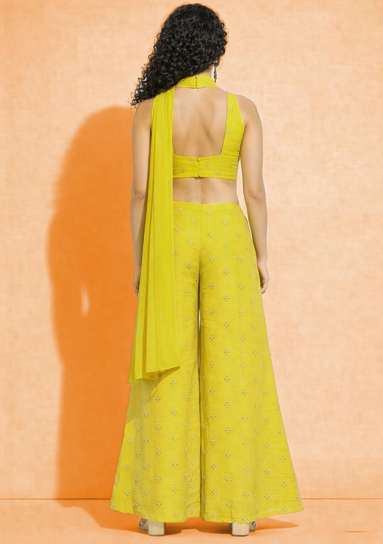 Bright Yellow Embroidered Organza Fusion Set - Indya