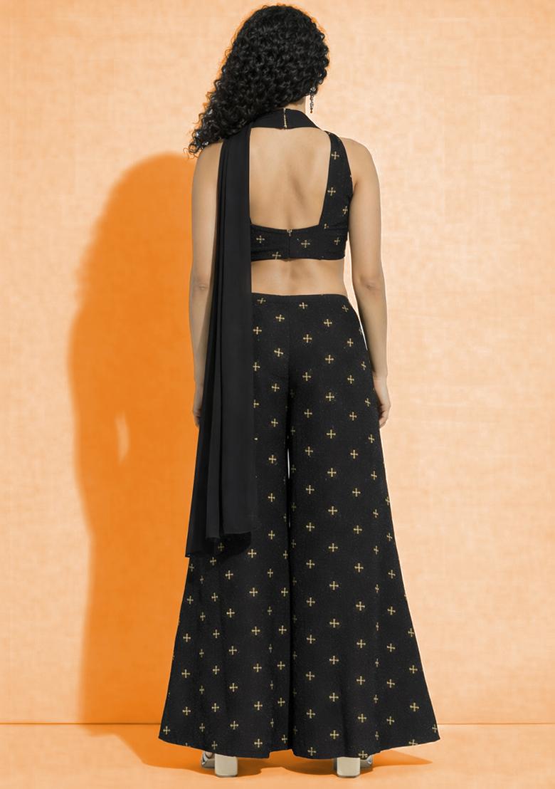 Black Embroidered Organza Fusion Set - Indya