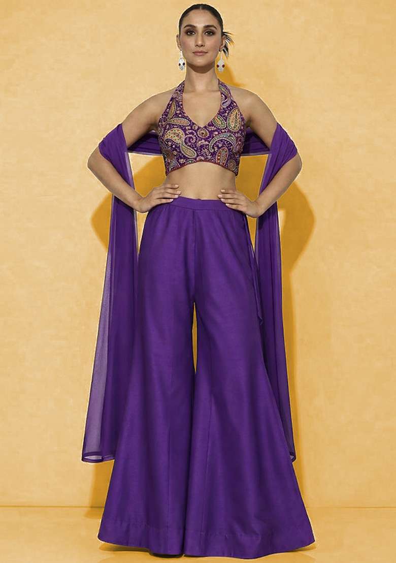 Royal Purple Embroidered Crepe Fusion Set - Indya