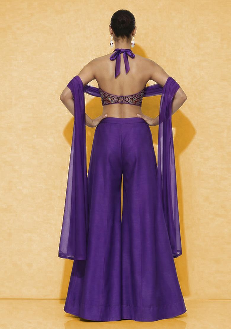 Royal Purple Embroidered Crepe Fusion Set - Indya