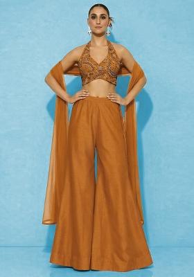 Orange Embroidered Crepe Fusion Set