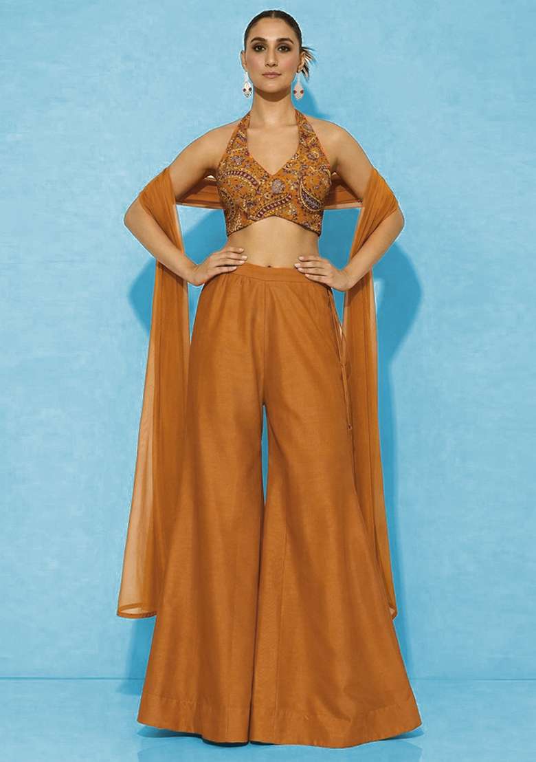 Orange Embroidered Crepe Fusion Set - Indya