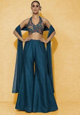 Navy Blue Embroidered Crepe Fusion Set
