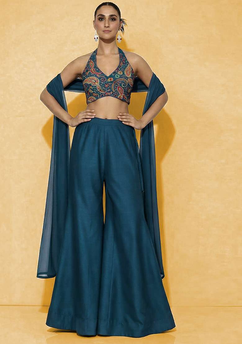 Navy Blue Embroidered Crepe Fusion Set - Indya