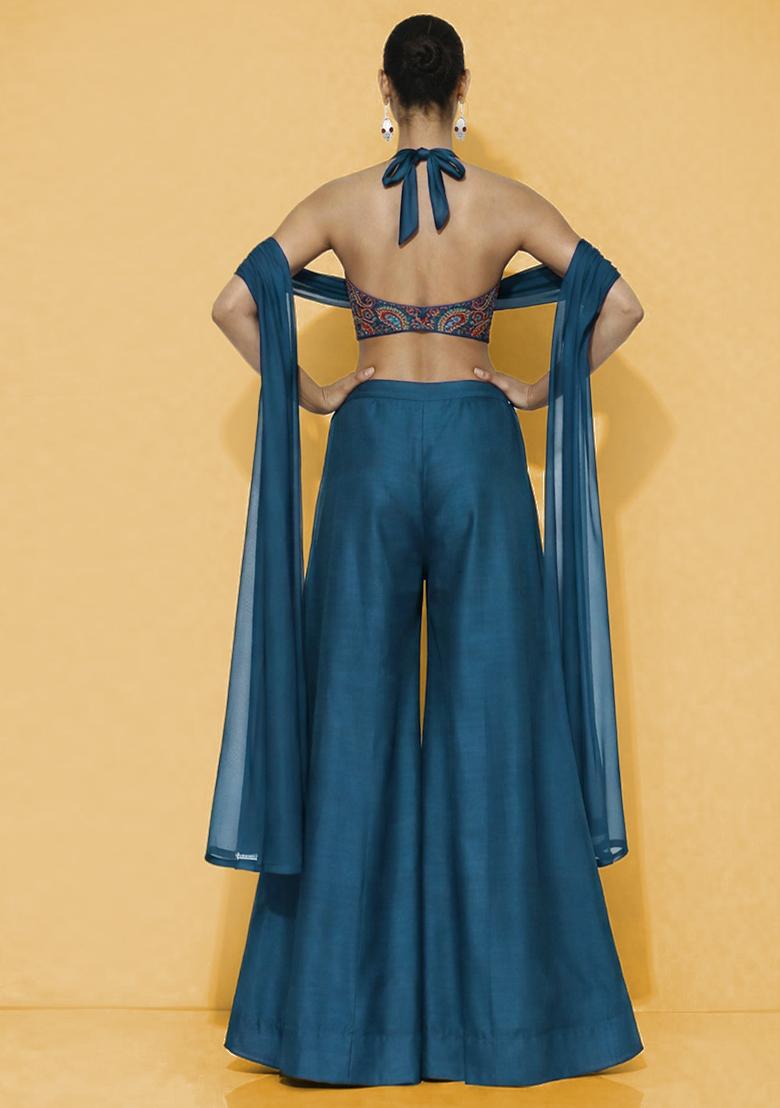 Navy Blue Embroidered Crepe Fusion Set - Indya