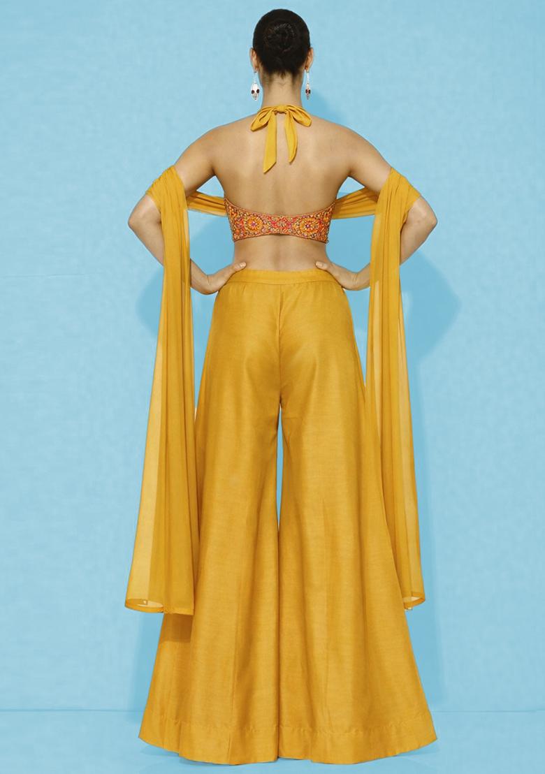 Yellow Embroidered Crepe Fusion Set - Indya