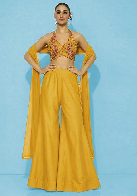 Yellow Embroidered Crepe Fusion Set