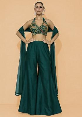Emerald Green Embroidered Crepe Fusion Set