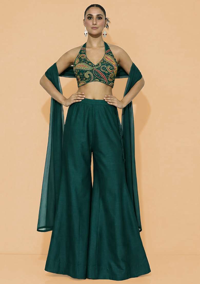 Emerald Green Embroidered Crepe Fusion Set - Indya
