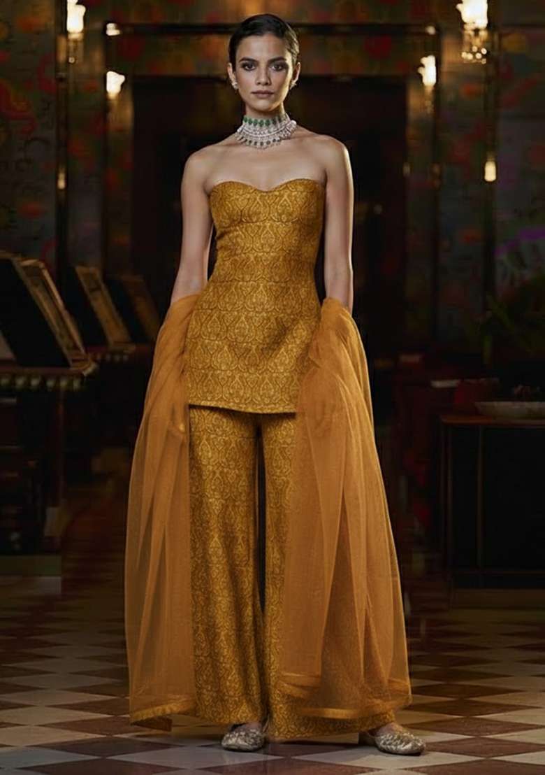 Mustard Paisley Print Silk Fusion Set - Indya