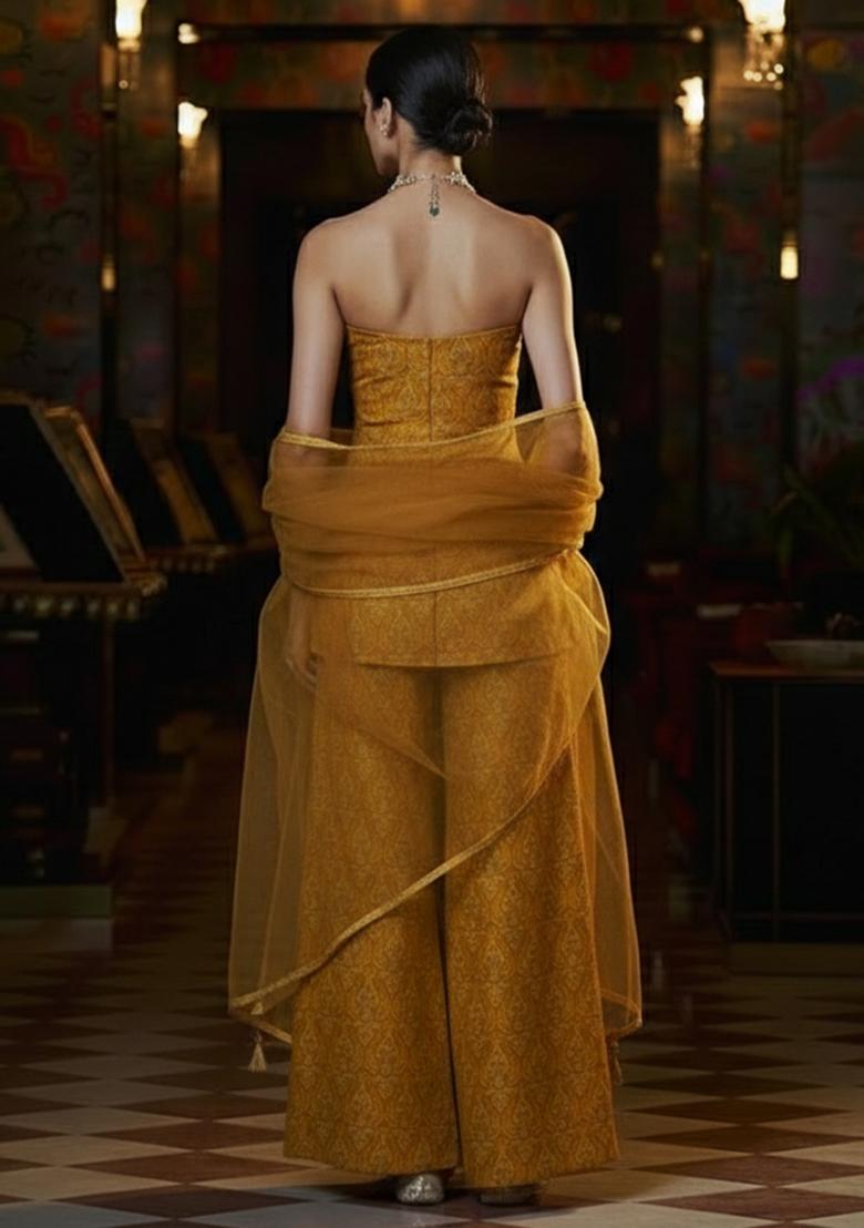 Mustard Paisley Print Silk Fusion Set - Indya