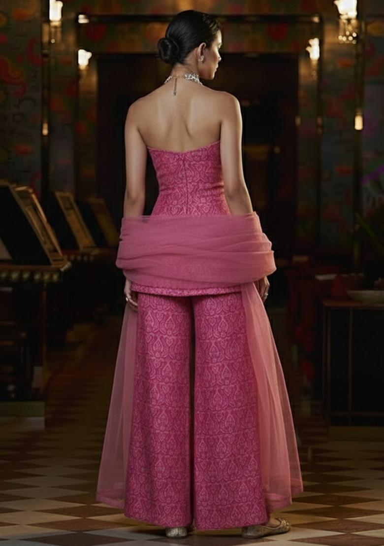 Pink Paisley Print Silk Fusion Set - Indya