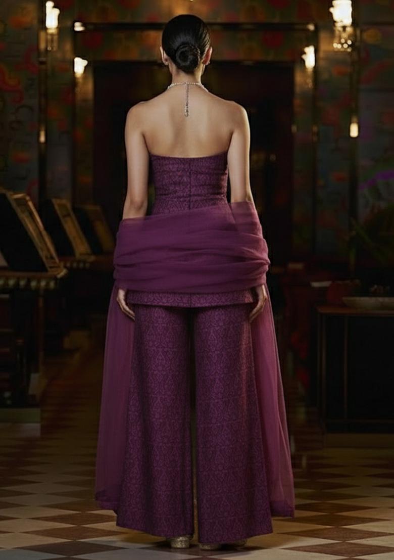 Purple Paisley Print Silk Fusion Set - Indya