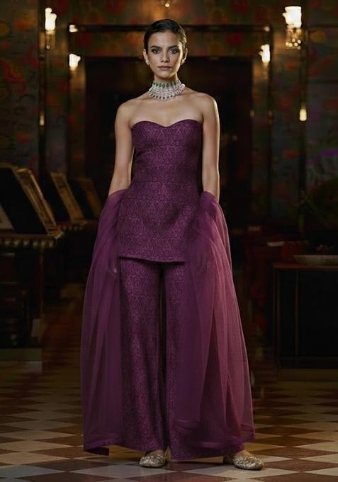 Purple Paisley Print Silk Fusion Set