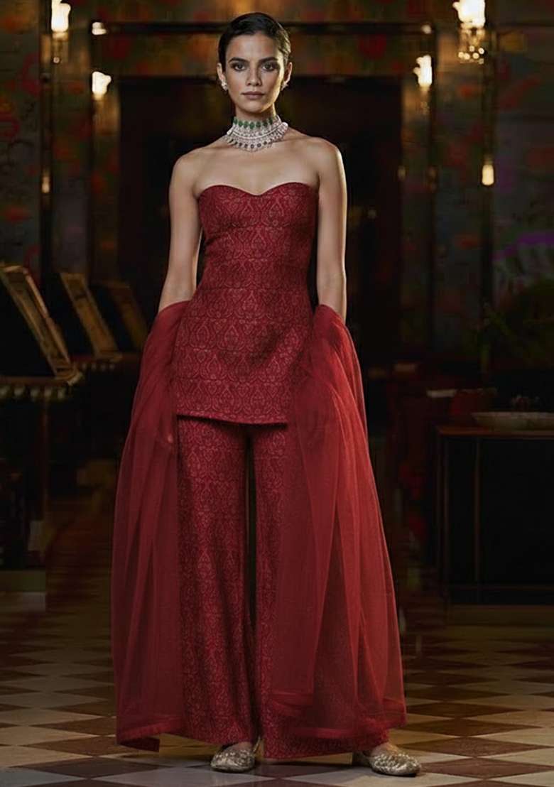 Deep Red Paisley Print Silk Fusion Set - Indya