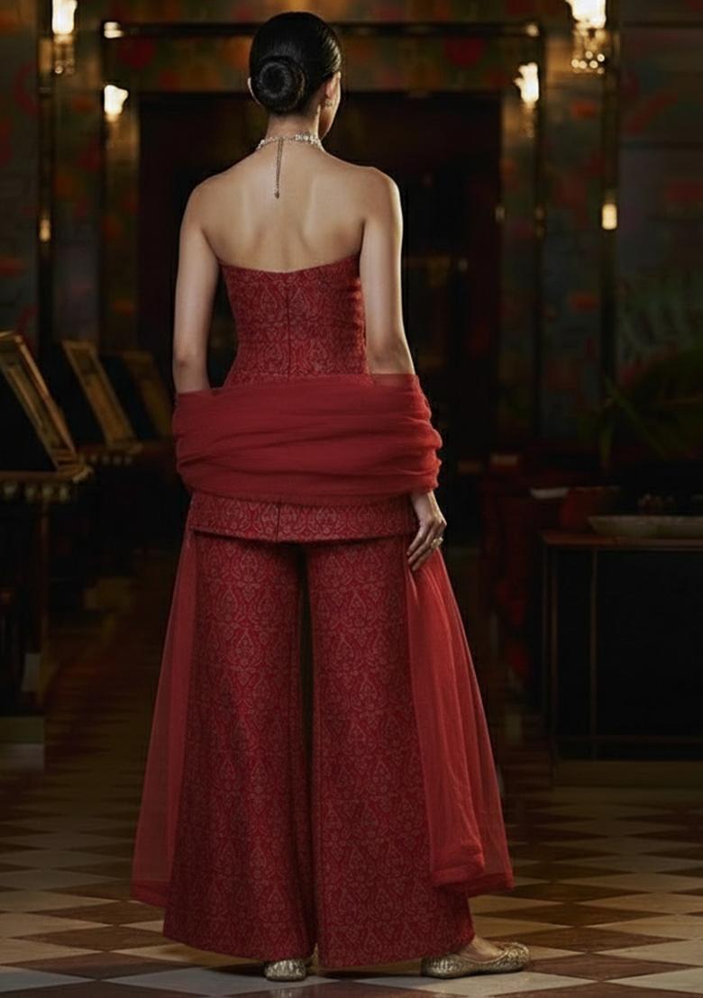 Deep Red Paisley Print Silk Fusion Set - Indya