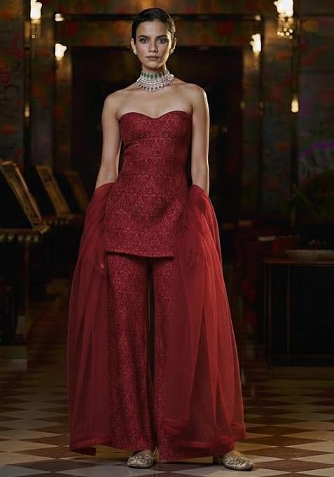 Deep Red Paisley Print Silk Fusion Set