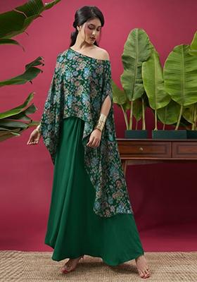 Dark Green Floral Print Chinon Fusion Set