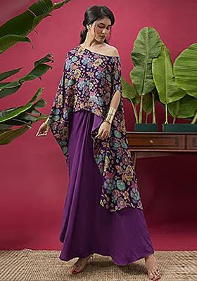 Royal Purple Floral Print Chinon Fusion Set
