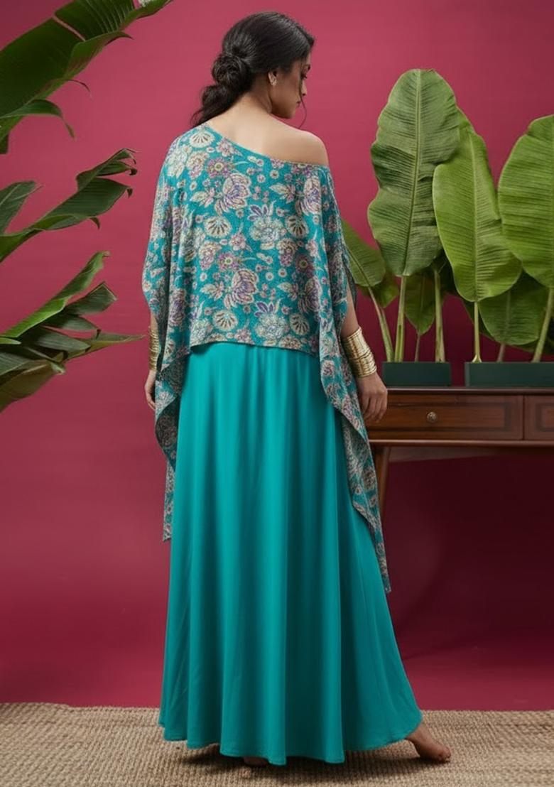 Aqua Green Floral Print Chinon Fusion Set - Indya