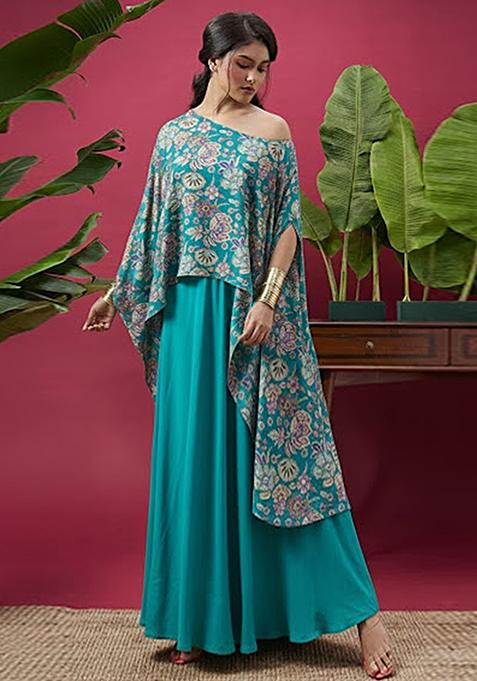 Aqua Green Floral Print Chinon Fusion Set