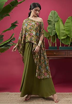 Olive Green Floral Print Chinon Fusion Set