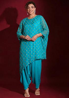 Aqua Blue Embroidered Organza Fusion Set