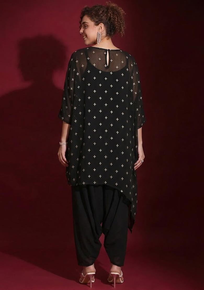 Black Embroidered Organza Fusion Set - Indya
